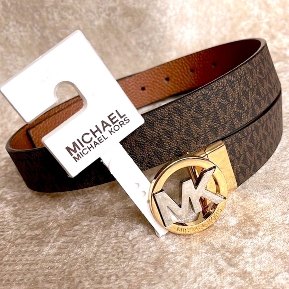 Brand New Michael Kors Genuine Leather Reversible Belt Tan Brown Logo Buckle